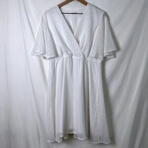 MiSSKY Mini Dress White Size XL Swiss Dot V-Neck Flutter Sleeve Empire Waist